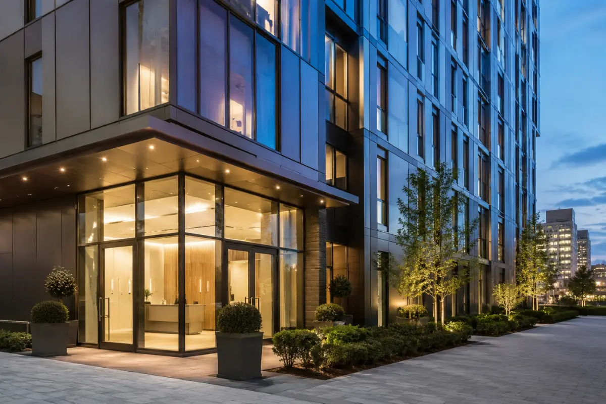 An exterior architectural shot of a modern high-rise student accommodation building in Zone 1 London.