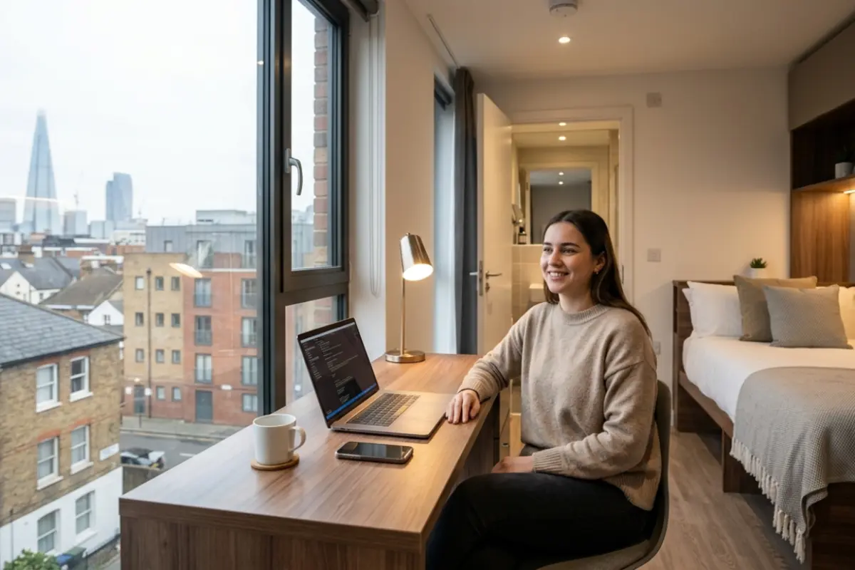 realistic, professional interior photograph of a modern, clean, brightly lit luxury student studio apartment in London.