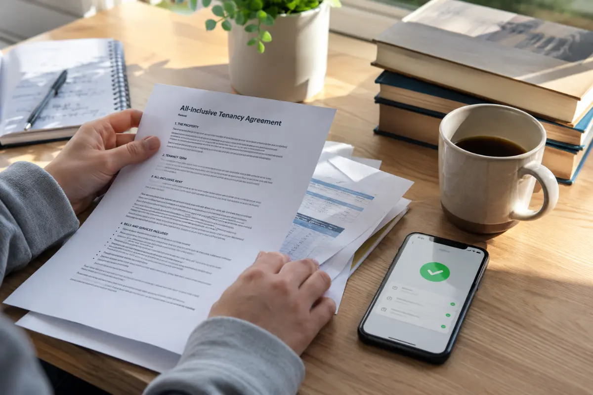A close-up shot of a student's hands organizing an all-inclusive tenancy agreement on a bright wooden desk.