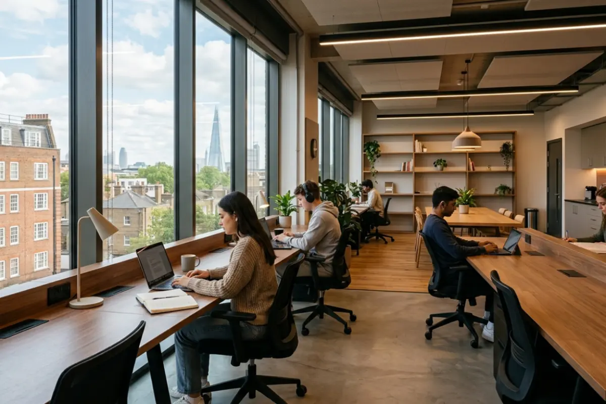 A modern, minimal dedicated student co-working and study space inside a premium London accommodation building.
