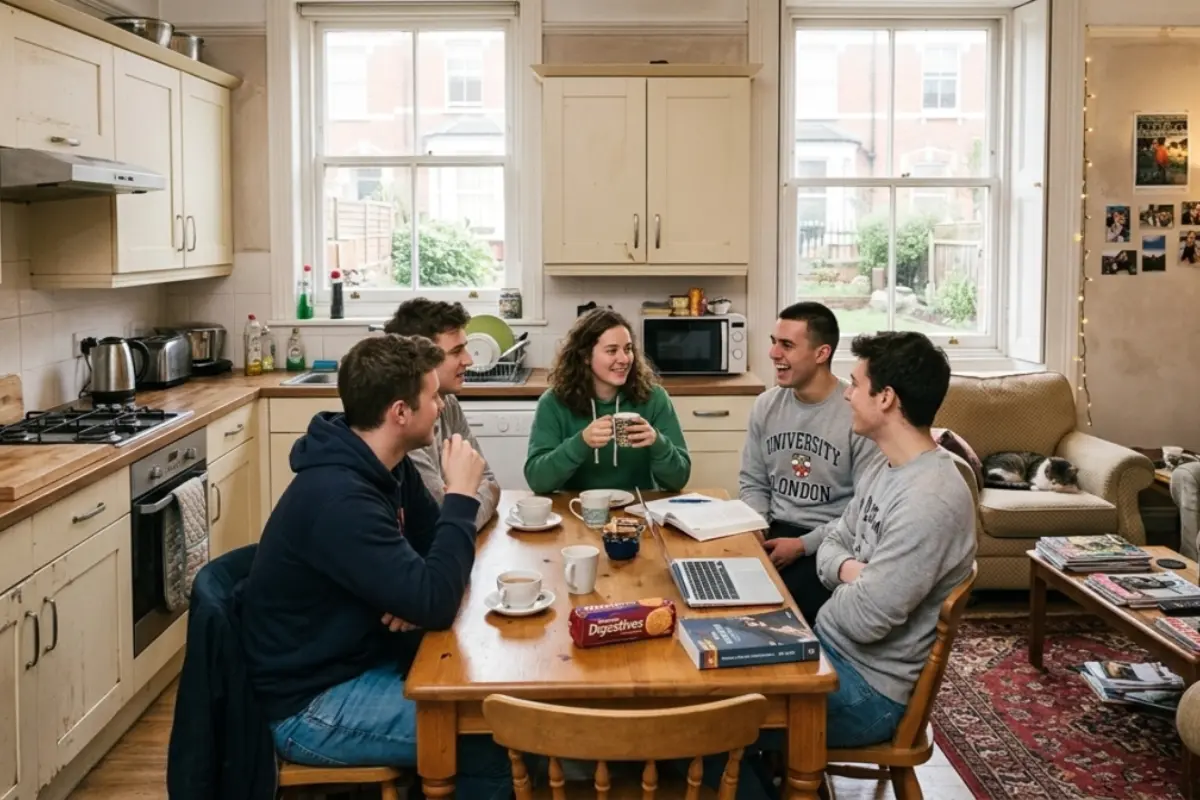 University students sitting around a kitchen table talking, studying, and drinking coffee in a shared apartment house.