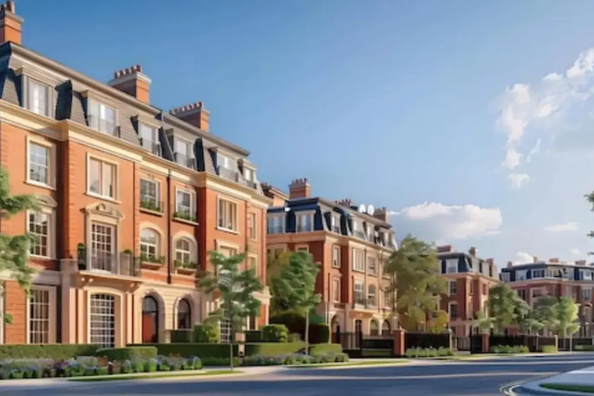 A beautiful row of classic brick student accommodation buildings and premium flats in the UK under a clear blue sky.