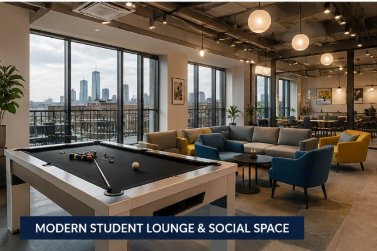 Modern student lounge in London private student halls