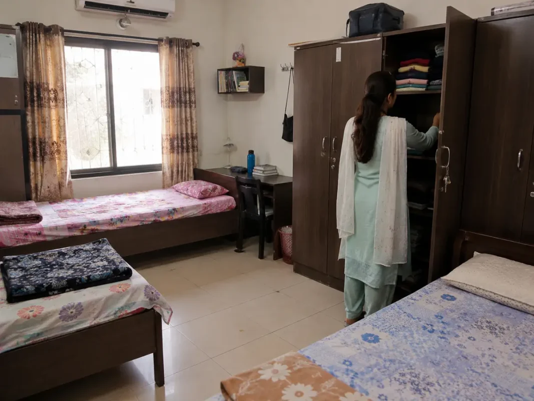 Clean shared girls hostel room in Multan with cupboards and study space
