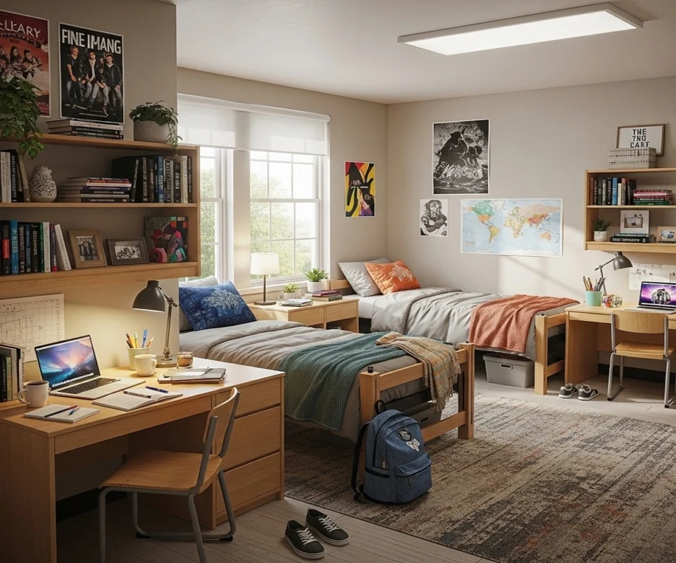 Typical college dormitory room in the United States