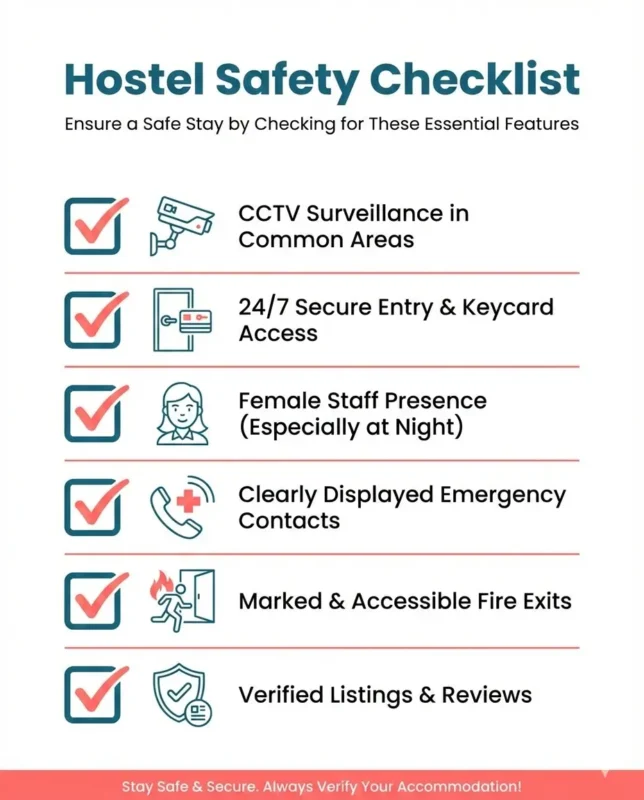 Hostel safety checklist with CCTV, secure entry, emergency contacts