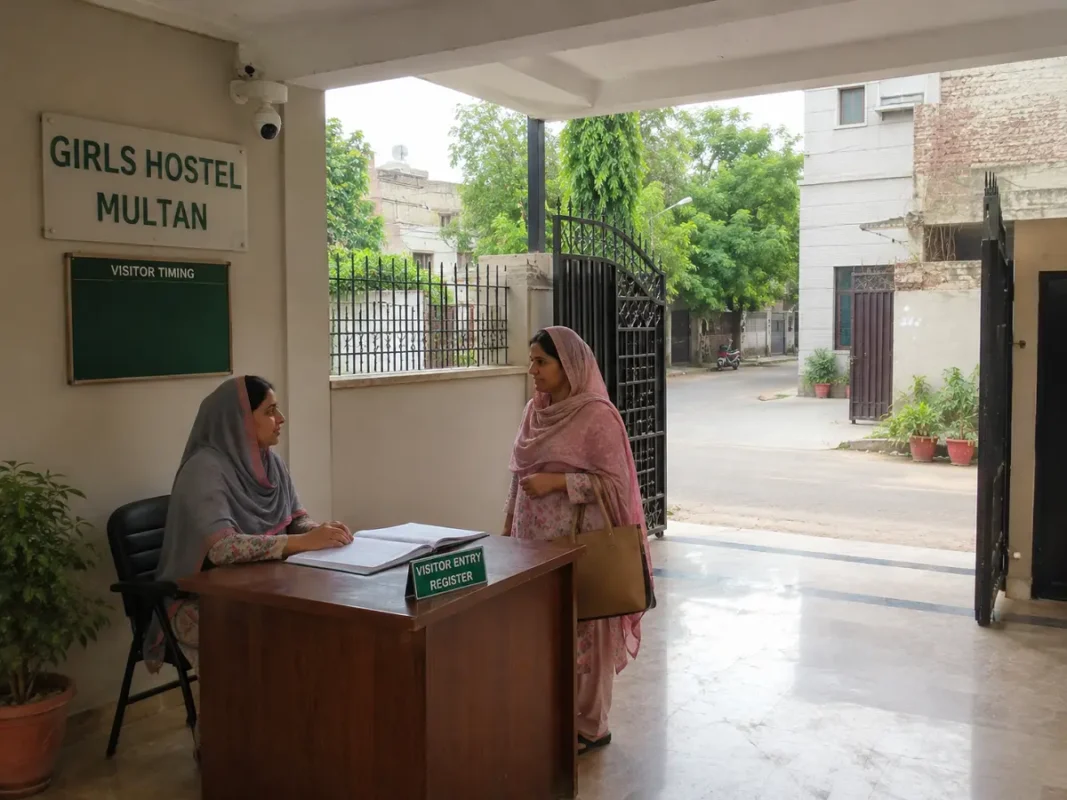 Girls hostel safety rules in Multan with secure entrance and visitor register