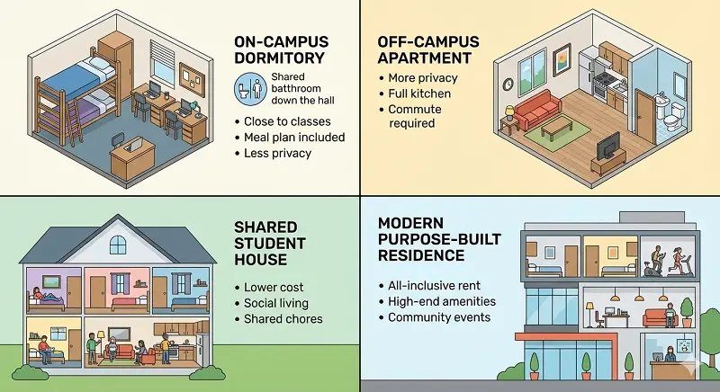 Different types of student housing dorms apartments shared houses PBSA