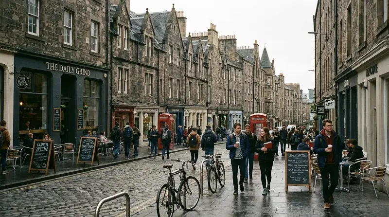 realistic street scene in Edinburgh student neighborhood with traditional stone buildings, cafes, bicycles, students walking and talking, lively but calm residential area, authentic UK urban street photography, soft daylight, cinematic composition, highly detailed, ultra realistic, 16:9