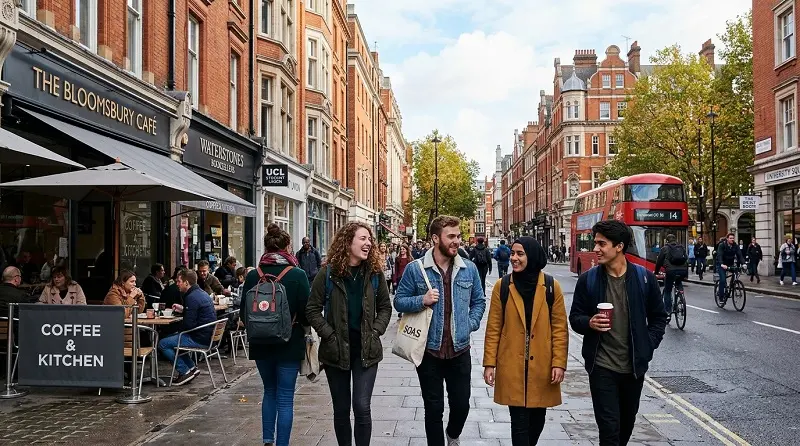 students walking in popular student area in London near university