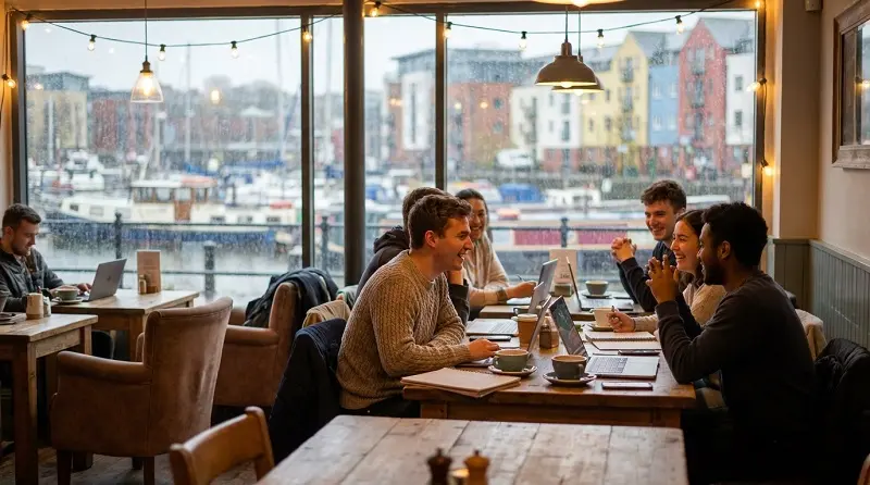 students studying in cafe near bristol harbourside