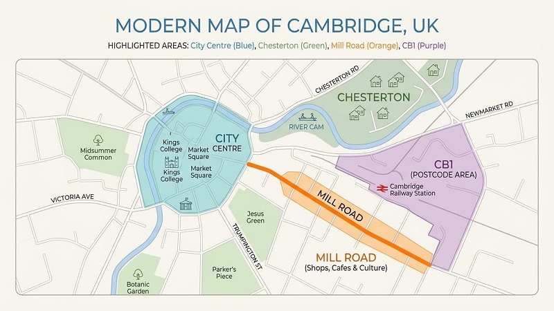 Map of Cambridge showing best student accommodation areas
