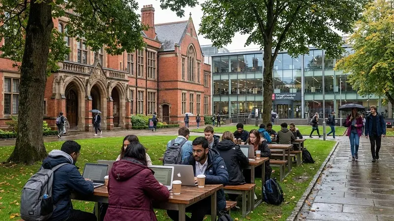 students at Cardiff University campus studying and walking