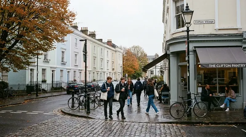 students walking in clifton bristol student neighborhood