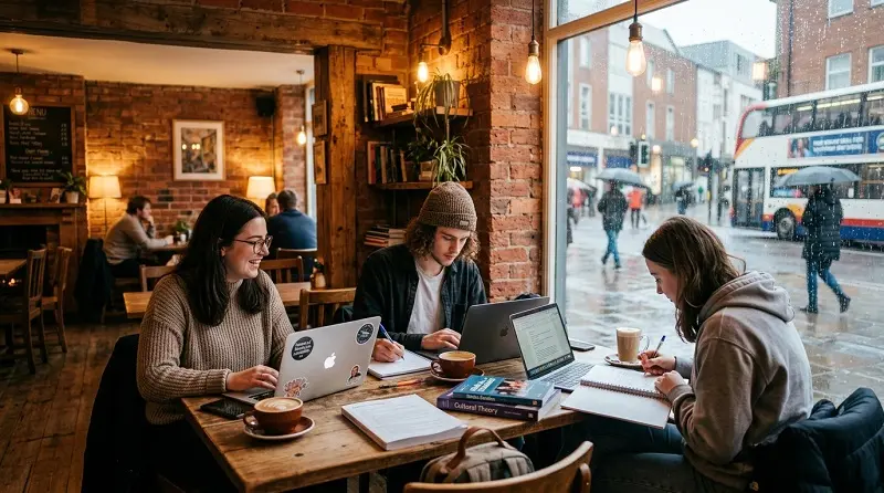 students studying together in coventry cafe near university