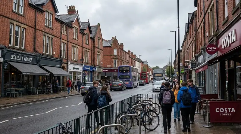 students walking on ecclesall road sheffield popular student area