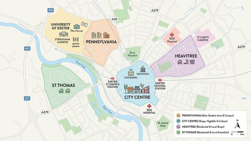 Map of Exeter showing best student accommodation areas