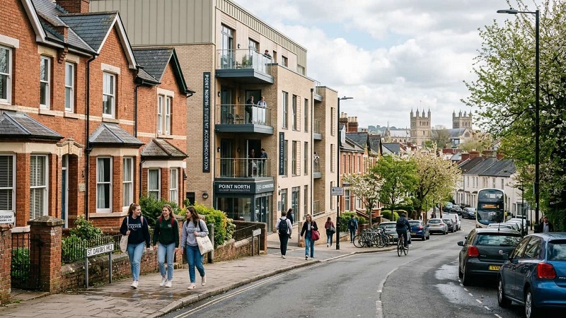 Exeter student housing overview with residential buildings