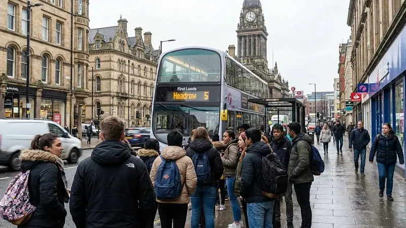 students using public transport in leeds for university commute