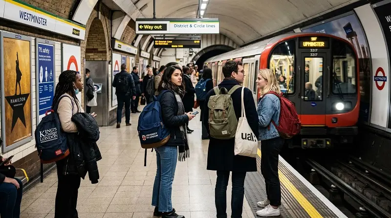 students using London underground transport for commuting to university