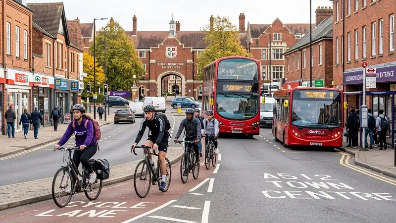 students using transport in Loughborough buses trains cycling
