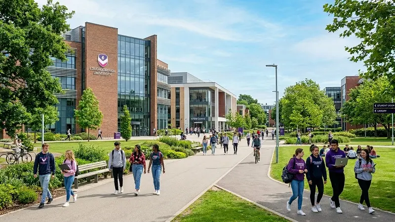 Loughborough University campus with students walking and studying