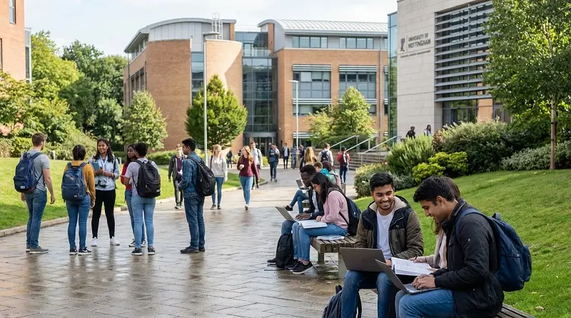 Students walking on campus in Nottingham near University of Nottingham and Nottingham Trent University