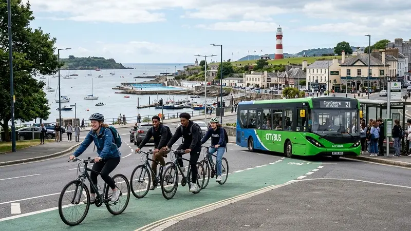 students using transport in Plymouth buses trains cycling