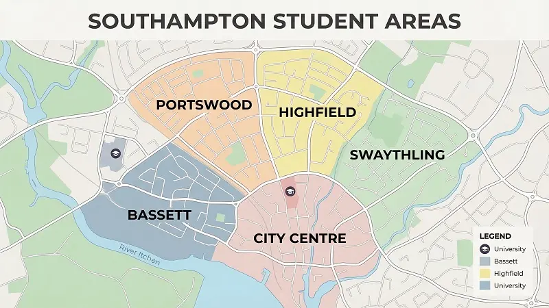 map of best areas for student accommodation Southampton Portswood Highfield Swaythling