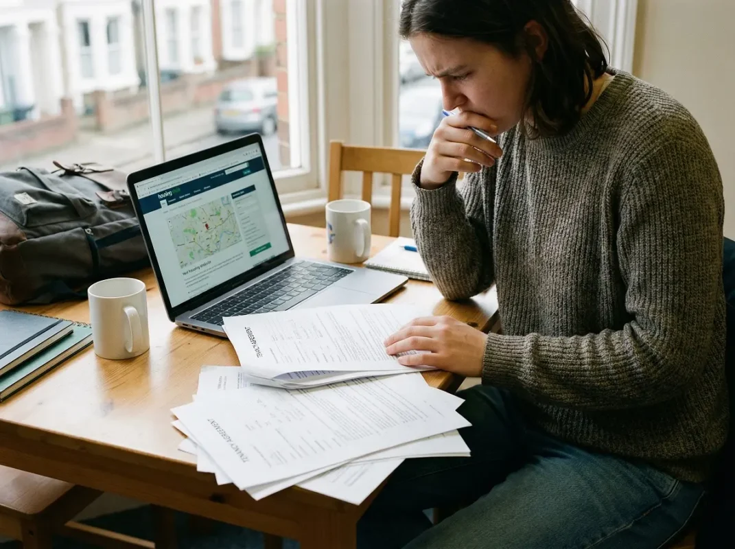 Student reviewing accommodation contract and guarantor details in the UK