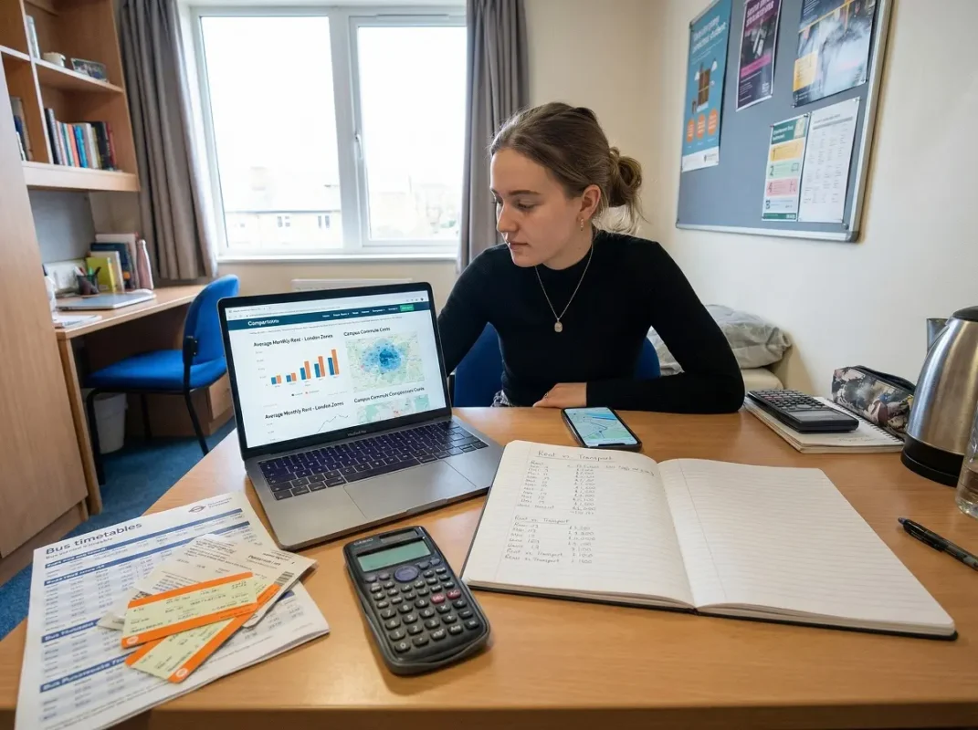 Student reviewing accommodation costs near universities in the UK with rent and travel planning