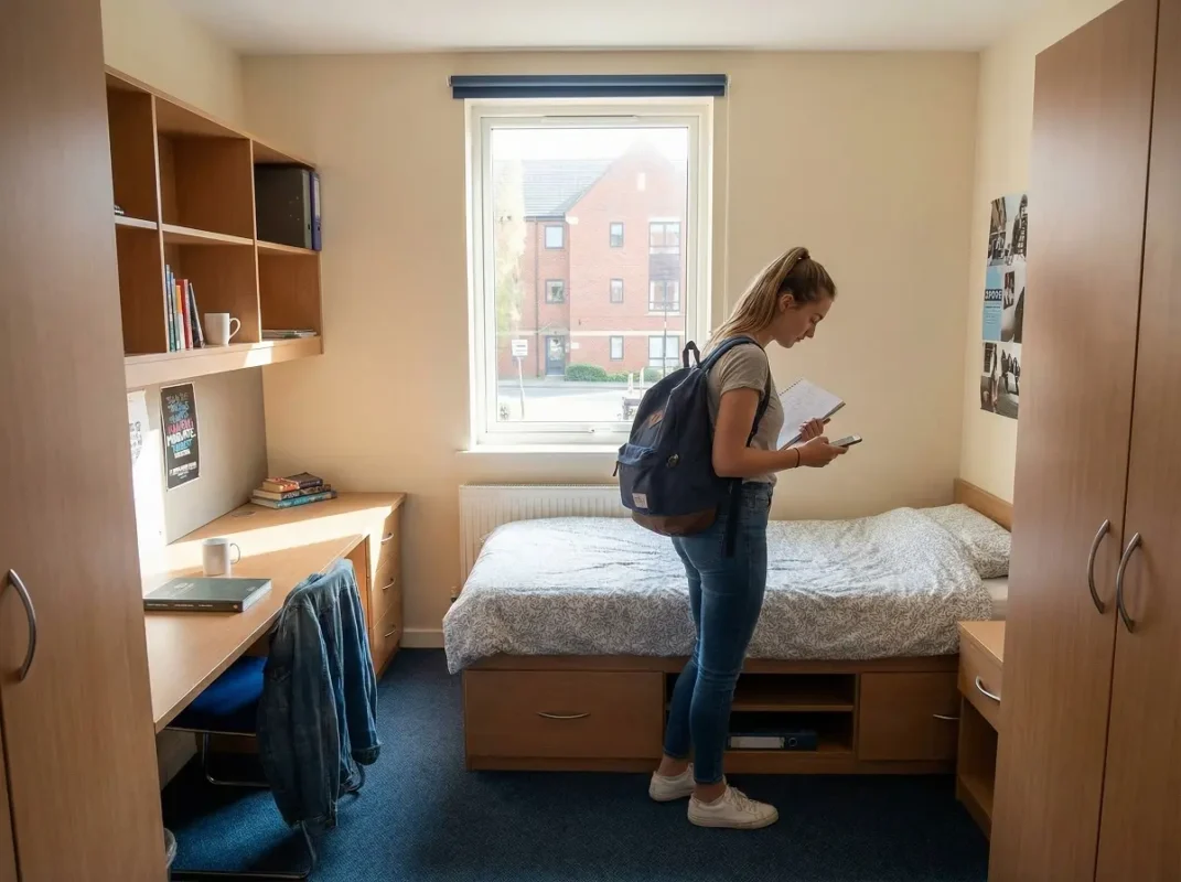 Student checking room details before booking accommodation near a university in the UK