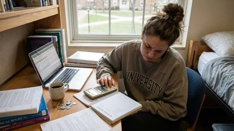 student calculating living costs and accommodation budget in leeds