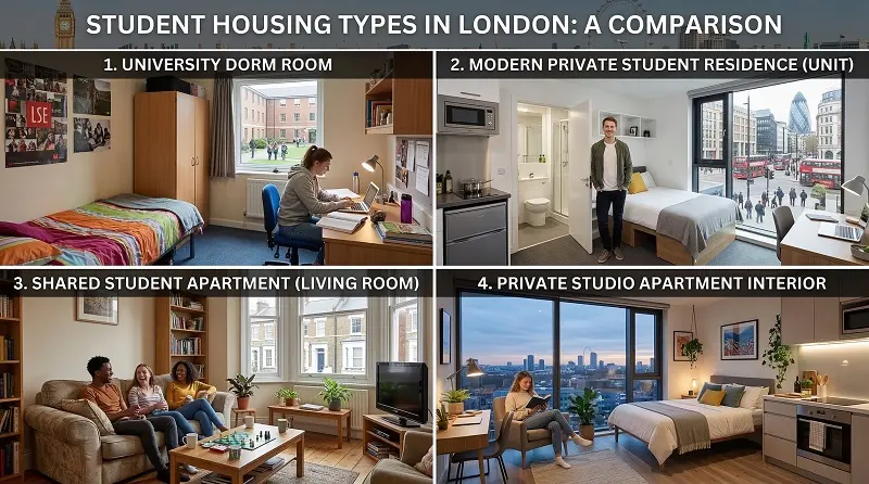 different types of student accommodation in London including halls, shared houses, and studios