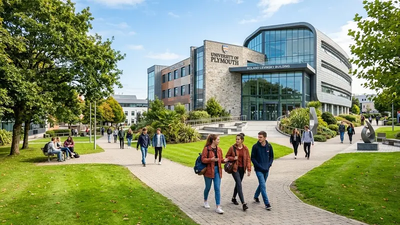 University of Plymouth campus students walking and studying