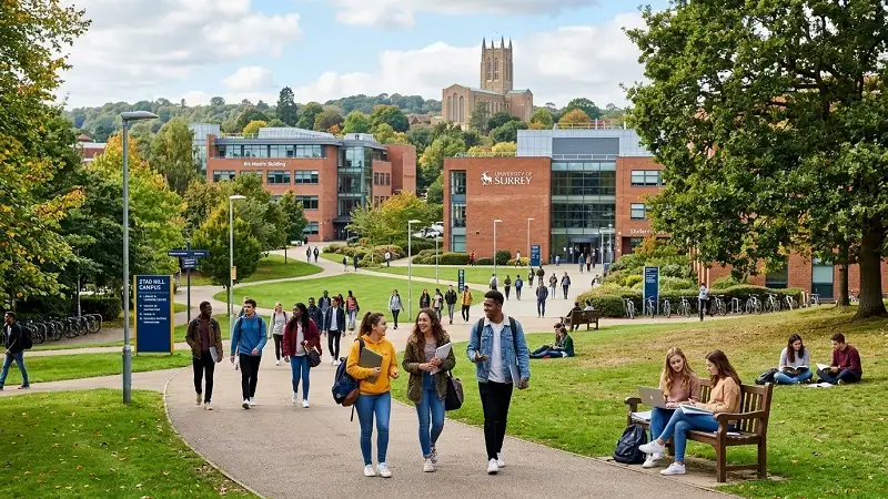 University of Surrey campus Guildford with students walking