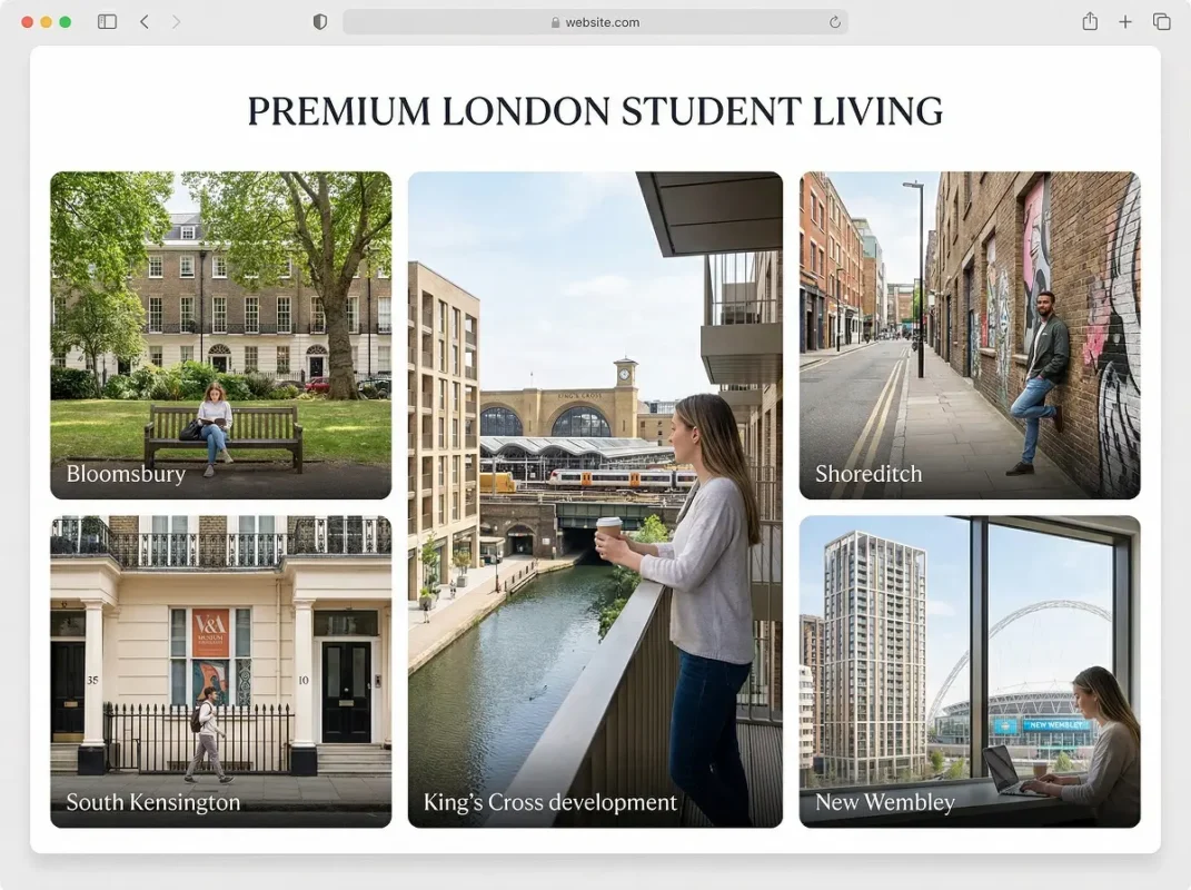Best areas for luxury student accommodation in London shown through realistic city lifestyle and residential scenes