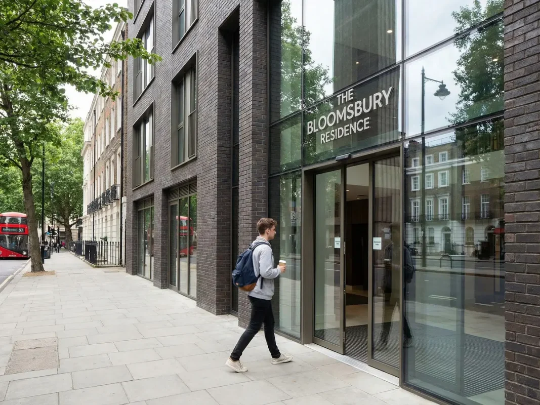 Premium student housing in London near a central location with a modern residence entrance and student lifestyle setting