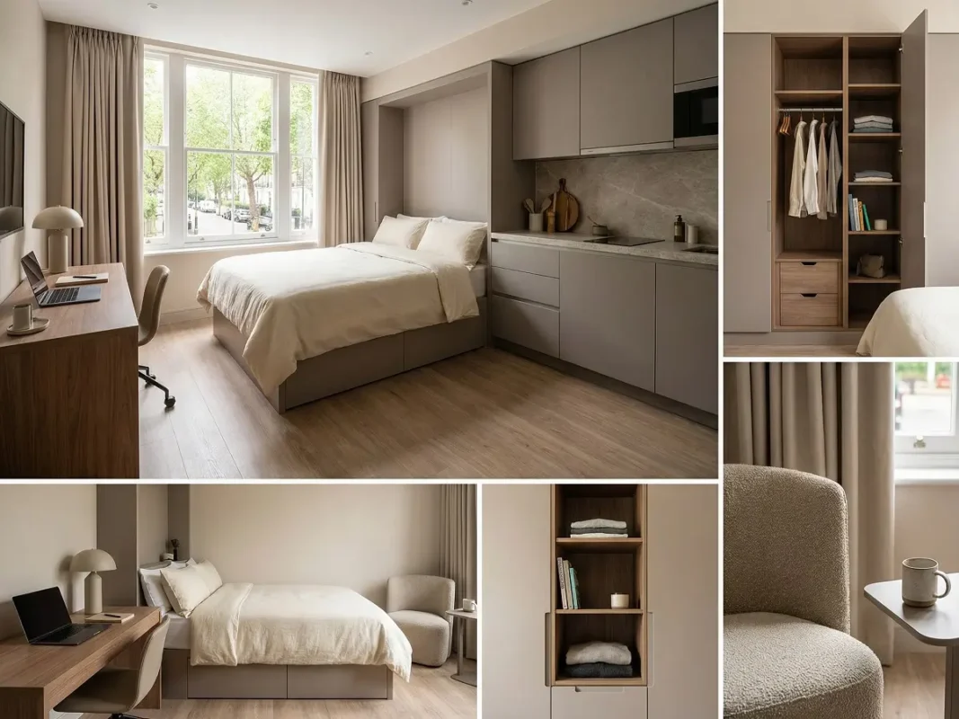 Luxury student studio in London with private kitchen, study desk, and modern interior design