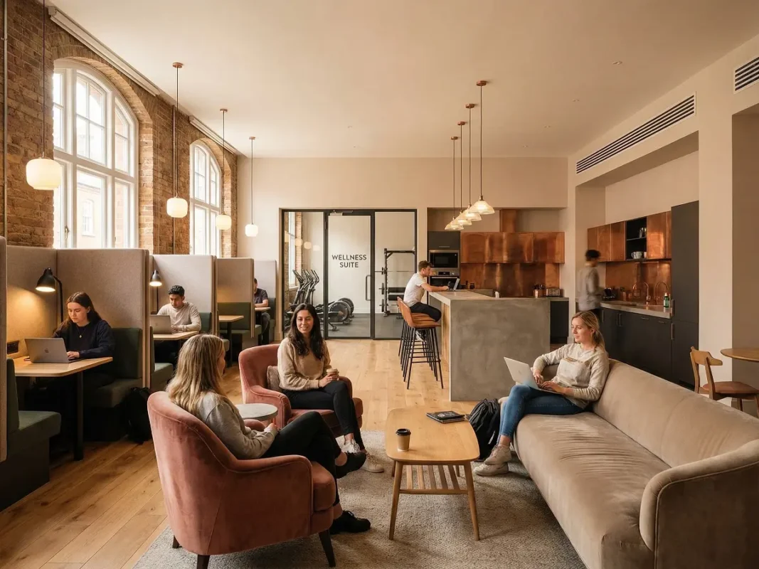 Premium student accommodation in London with modern lounge, study space, and shared lifestyle amenities