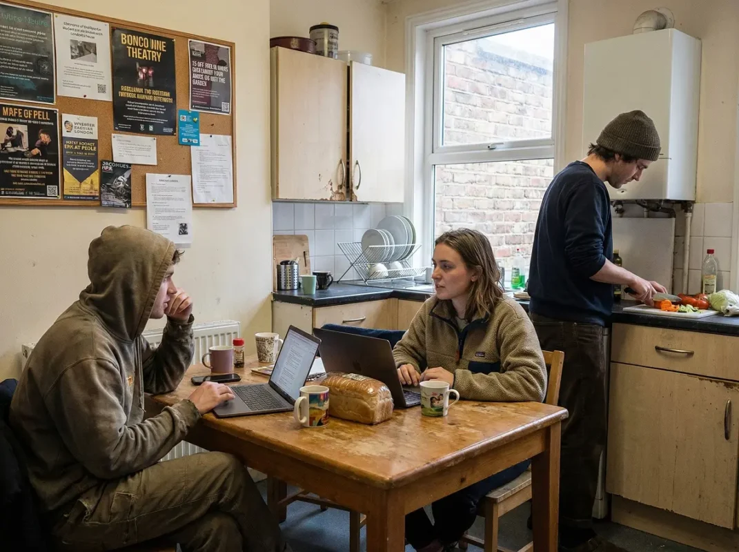 Students in a shared house in London comparing affordable accommodation choices