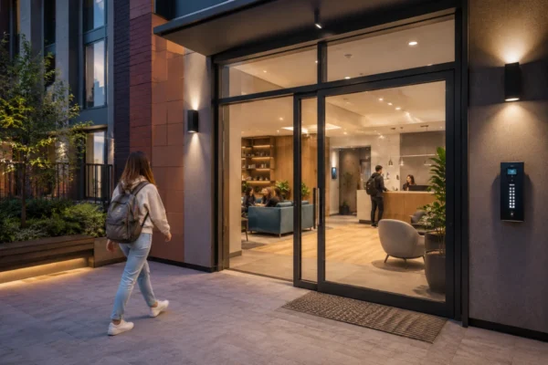 Secure entrance of modern London student accommodation building