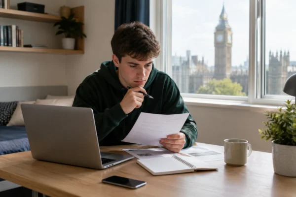 Student checking London accommodation contract before booking