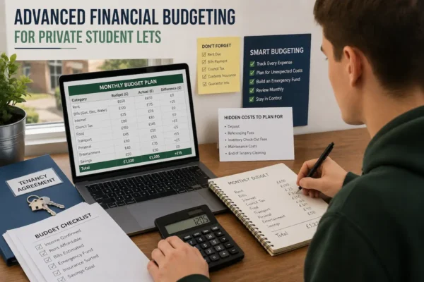 Student planning a monthly budget for private student lets with laptop calculator tenancy agreement and checklist on desk