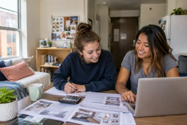 Students comparing affordable student accommodation options in a USA apartment before booking