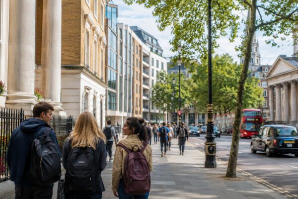 Students walking near UCL area in London with university-style buildings, trees, red bus, and student accommodation nearby.