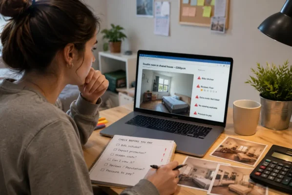 Student checking red flags in cheap student accommodation before booking a room