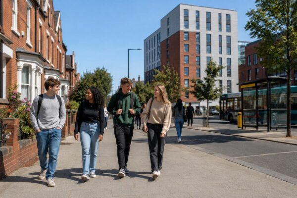 Students walking near Liverpool student housing and modern accommodation, showing the best areas for Liverpool student rooms.