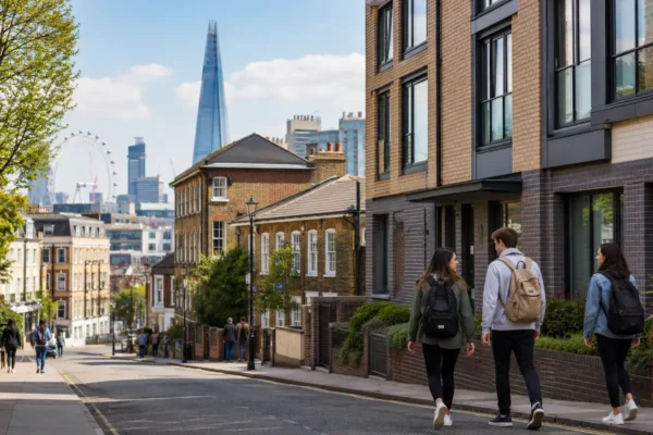 Students walking near modern student accommodation in a London neighborhood with city landmarks in the background.