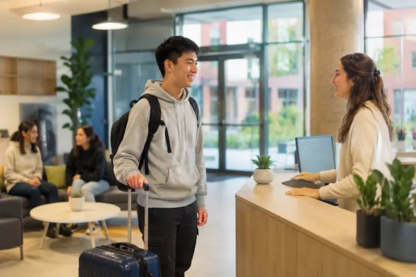 International student checking in at on-campus housing with luggage, showing a safe and simple first-year accommodation option.